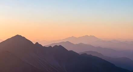 Obraz premium Minimalist soft peach sunrise over hazy mountain silhouettes, ultra-detailed, crisp edges, noise-free, natural lighting, scenic composition