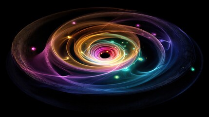 Obraz premium An elliptical swirl of iridescent, glowing gas clouds, emanating from a dark central core, speckled with luminous particles against a black backdrop