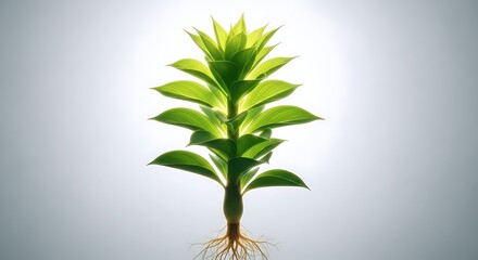 A vibrant green plant with healthy roots displayed against a bright, gradient background, symbolizing growth, nature, and new beginnings. Ideal for botany themes.