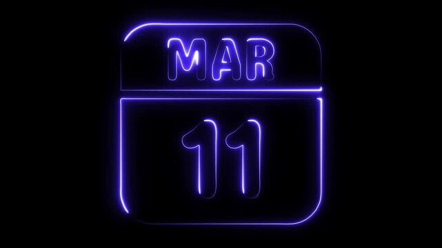 Neon glowing calendar date March eleventh illuminated in vibrant purple light against a dark black background