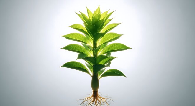 Fototapeta A vibrant green plant with healthy roots displayed against a bright, gradient background, symbolizing growth, nature, and new beginnings. Ideal for botany themes.