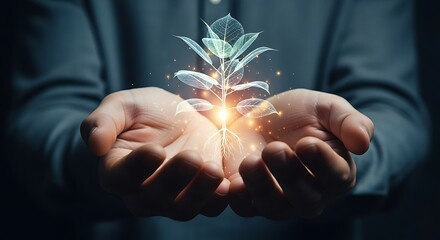 Cupped hands cradle a luminous, ethereal plant with glowing roots and leaves. This image symbolizes sustainable growth, environmental care, innovation, and the future of nature and technology.