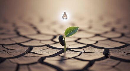 A single green sprout pushing through cracked dry earth, with a shimmering water drop above, symbolizing hope, new life, and resilience in harsh conditions.