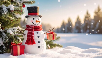 Obraz premium A fun, happy snowman stands on a snowy winter day, decorated with a scarf, hat, and carrot nose, ready for the Christmas holiday season