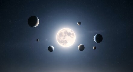 Stunning depiction of a full moon glowing brightly amidst a dark, star-filled sky, encircled by various planets. Perfect for space exploration and astronomy themes.