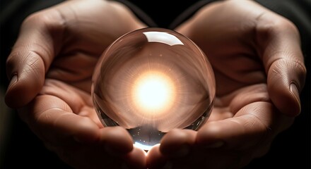 A captivating image of cupped hands gently holding a glowing, clear sphere, radiating bright light in darkness. Symbolizes future, destiny, hope, and foresight.