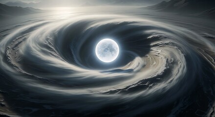 A breathtaking cosmic vortex with a luminous full moon at its eye, set against a dark, mountainous alien landscape. This dramatic image evokes powerful forces.