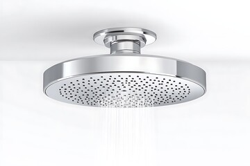 Round chrome shower head mounted to ceiling, water flowing down on white backdrop