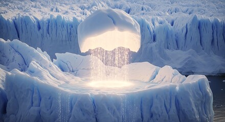 A stunning image of a glowing light emerging from an ice formation, creating a magical waterfall effect into a frozen pool, set against a vast glacier landscape.
