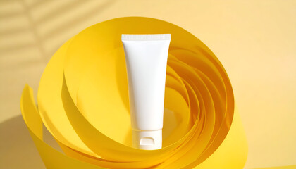 A white cosmetic tube mockup, elegantly presented on a vibrant yellow, abstract background with soft shadow accents, perfect for beauty product advertising and branding