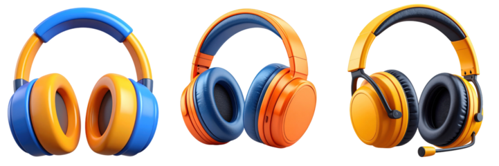 3D Plastic Style Headsets Isolated On Transparent Background In Vibrant Blue Orange And Yellow Colors