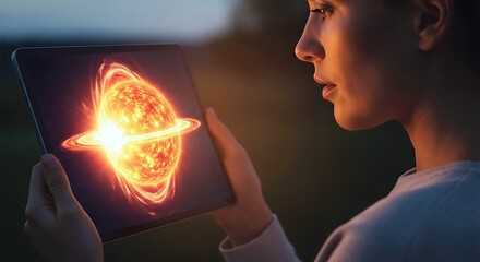 Young woman watching a glowing, ringed celestial body on a tablet, symbolizing discovery, technology, and the wonders of the universe.