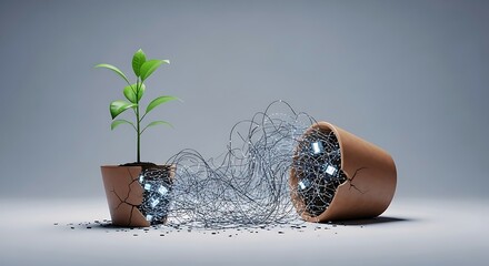 Exploring the convergence of nature and technology. A lush plant sprouts from a broken pot, its roots transformed into glowing wires connecting to digital components in another pot. 