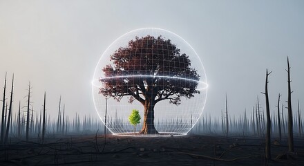 A vibrant tree and sapling protected by a glowing spherical grid in a desolate, burned forest. This powerful image symbolizes environmental preservation, hope, and climate action amidst devastation.