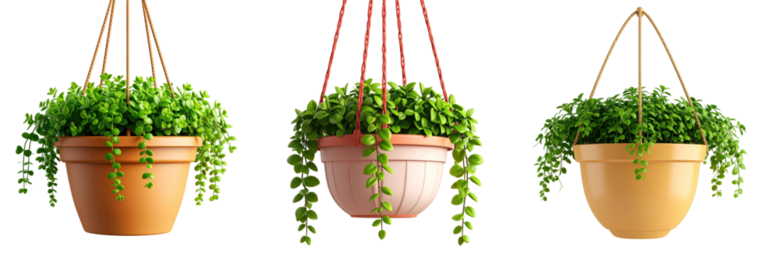 3D Plastic Style Hanging Planters with Lush Green Plants in Terracotta Pots Against Transparent Background - Powered by Adobe