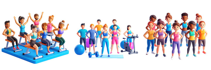 3D Plastic Style Group Exercise Class With Diverse People In Sportswear Performing Various Fitness Activities On Transparent Background