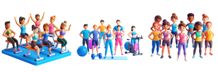 3D Plastic Style Group Exercise Class With Diverse People In Sportswear Performing Various Fitness Activities On Transparent Background