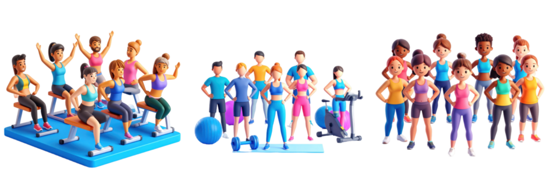 3D Plastic Style Group Exercise Class With Diverse People In Sportswear Performing Various Fitness Activities On Transparent Background