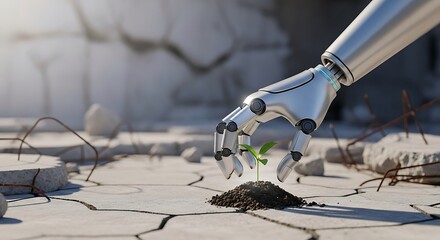 A futuristic robotic arm delicately plants a vibrant green sprout in a desolate, cracked landscape, symbolizing hope, regeneration, and technology's role in environmental recovery.