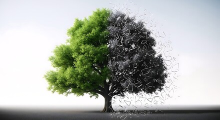 Conceptual image of a tree split between vibrant green and shattering dark fragments, symbolizing environmental fragility, climate change, and the balance of nature.