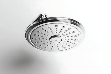 Round chrome shower head with multiple spray nozzles on a white background