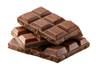 Stack of dark chocolate bars.  Stacked chocolate squares, smooth, glossy surface, broken edges, rich brown color