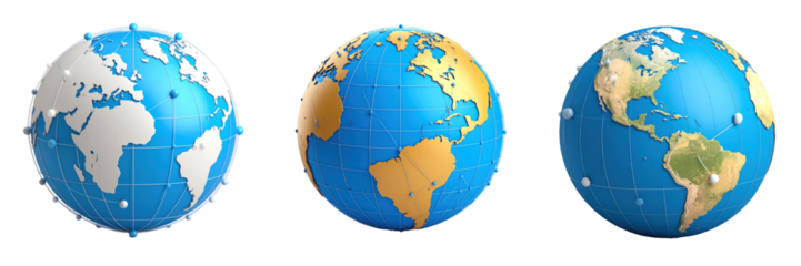 3D Plastic Style Globe With Blue And Beige Continents Showing Global Network Connections On Transparent Background