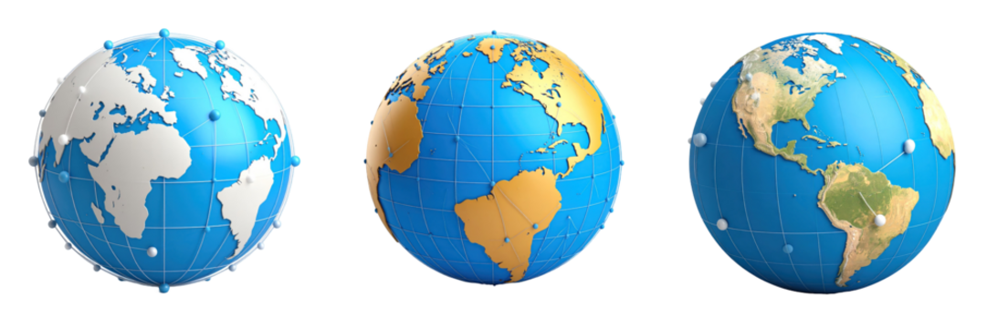 3D Plastic Style Globe With Blue And Beige Continents Showing Global Network Connections On Transparent Background