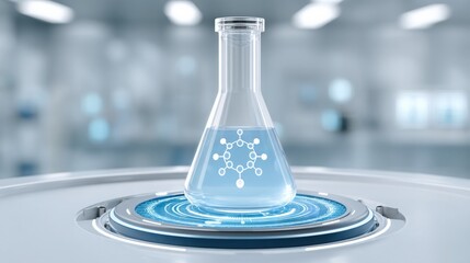 Laboratory flask with blue liquid and molecular graphic on a futuristic background.