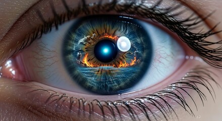 A stunning macro shot of a human eye, with a surreal landscape of fiery mountains, glowing water, and a luminous core within its iris. Symbolizes vision, imagination, and the vast inner world.