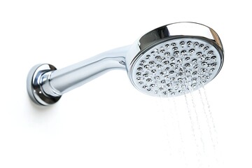 Chrome shower head spraying water against a white backdrop