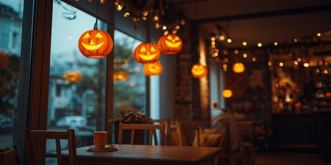 A cozy interior with illuminated pumpkin lanterns, creating a warm, festive atmosphere for Halloween.