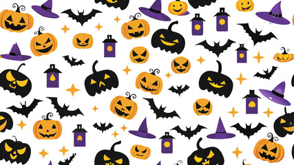 Fototapeta premium A Halloween themed background with bats, pumpkins, and a witch's hat