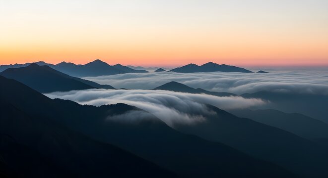 Minimalist sunrise with layers of white clouds rolling between dark mountain ridges, ultra-detailed, crisp edges, noise-free, natural lighting, serene horizon