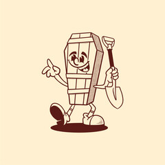 A halloween coffin cartoon character. Groovy, retro, mascot, icon, vintage, funny, comic, icon, vector, icon, illustration, logo, sticker, editable