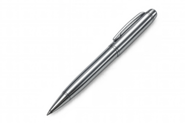 Sleek metallic ballpoint pen lying on clear surface, highlighting professional writing instrument with polished chrome finish