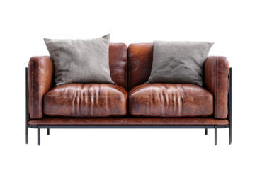 Two-seat leather couch with light-gray linen cushions.  Dark-brown leather, simple lines,  modern style