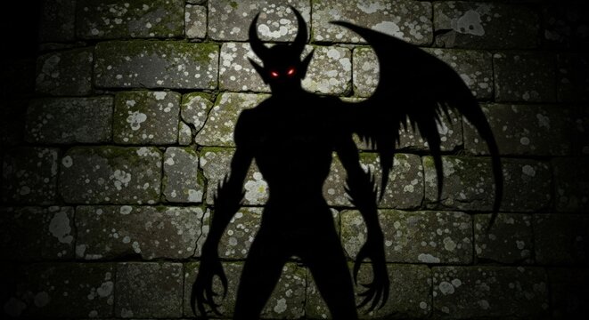 A shadowy demon with horns and wings stands menacingly in front of an old brick wall, creating a spooky gothic atmosphere