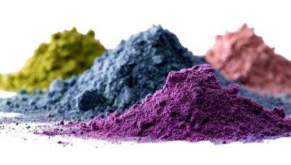Three piles of colored powder.  Various shades of purple, blue-gray, and yellow-gold.  Close-up view