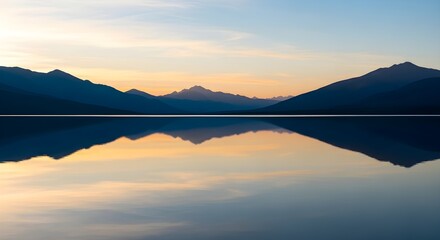 Fototapeta premium Minimalist sunrise over mountains with pastel colors reflecting in lake, ultra-detailed, crisp edges, noise-free, natural lighting, peaceful water view