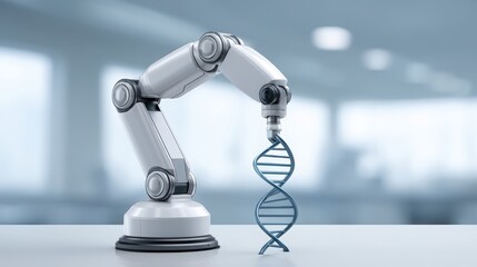 Robotic arm holding a DNA strand in a futuristic, high-tech environment.