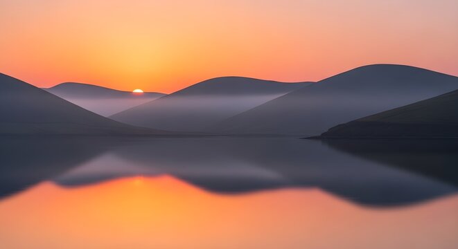 Minimalist sunrise over foggy hills with calm bay reflection, ultra-detailed, crisp edges, noise-free, natural lighting, peaceful coastal mountain scene - Powered by Adobe