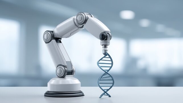 Robotic arm holding a DNA strand in a futuristic, high-tech environment.