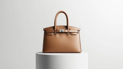 Exquisite Leather Handbag Presented on a Pristine Pedestal with a Luxurious Aesthetic
