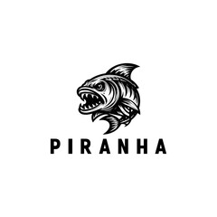 Aggressive Piranha Fish Logo Design, Black and White Illustration.