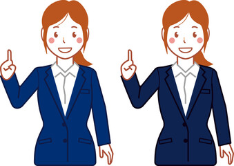 ネイビースーツ、ポニーテールのNo.1ポーズをする若い女性