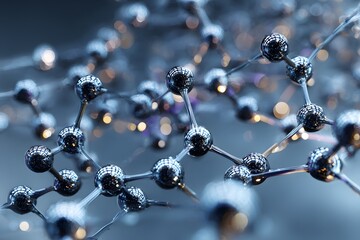A close-up of shiny metallic atoms connected by bonds, representing nanotechnology, chemistry, or advanced material science.
