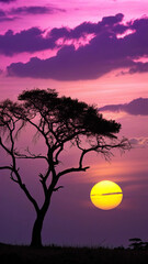 Fototapeta premium Silhouette acacia tree vibrant sunset clouds