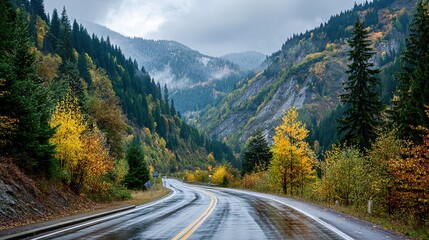 Fototapeta premium Wet asphalt road winding through autumn mountain landscape