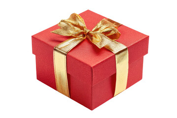 Obraz premium Red gift box with gold ribbon. A square, red gift box is adorned with a gold ribbon bow. Bright colors, isolated